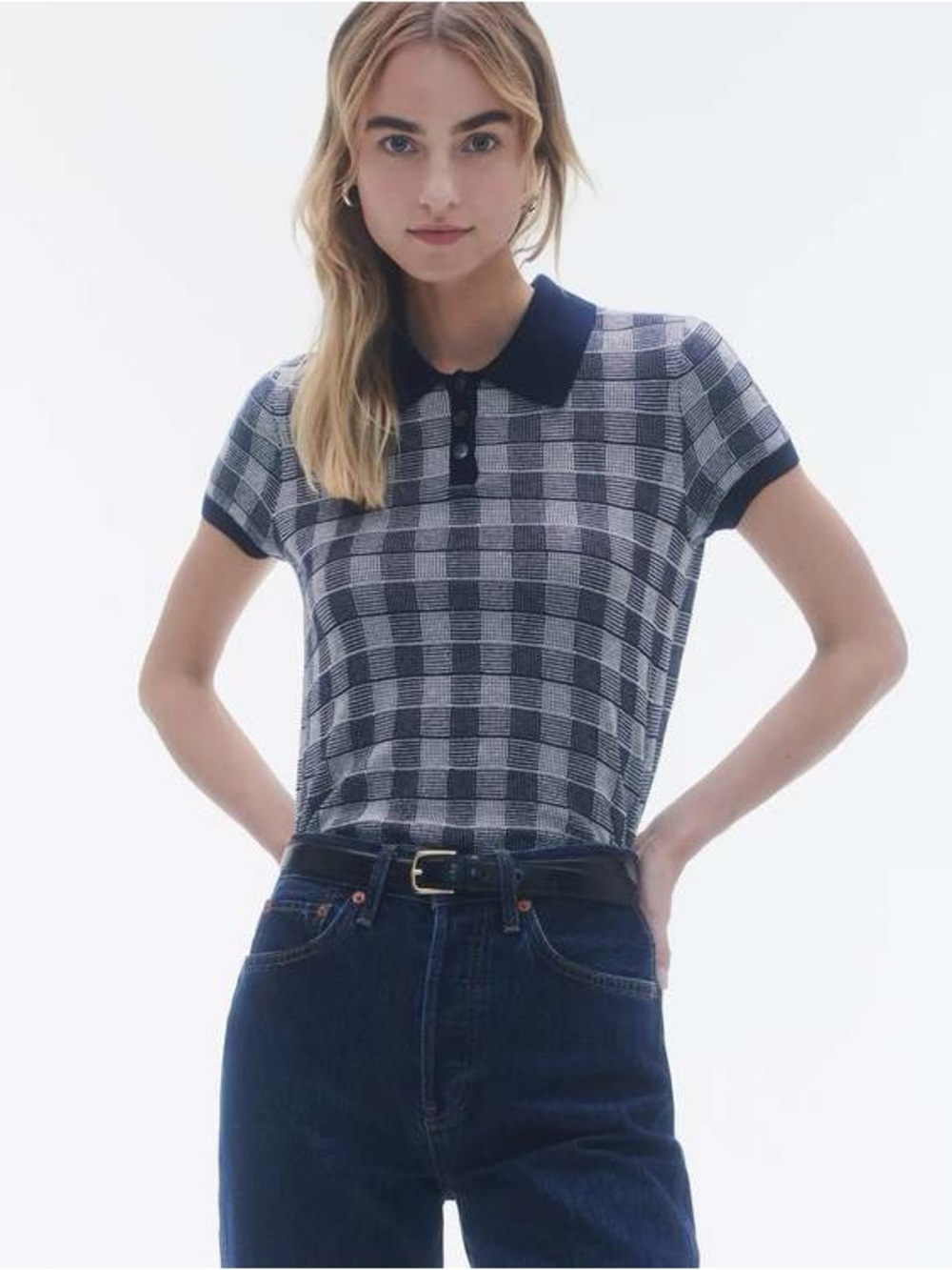 Guest in Residence Knit Polo Top M Silk Linen Checkered Short Sleeve